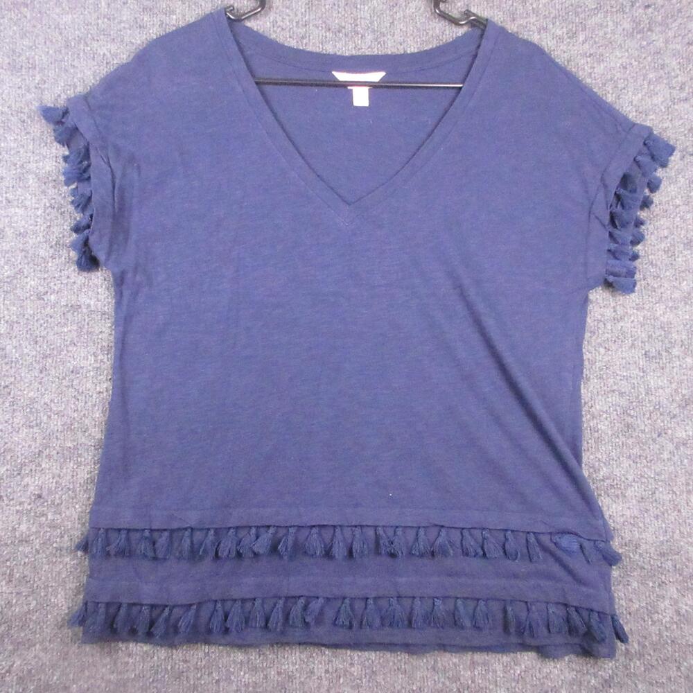 Lilly Pulitzer Shirt Womens Small Blue Short Sleeve Tassel Fringe V Neck Tee Top